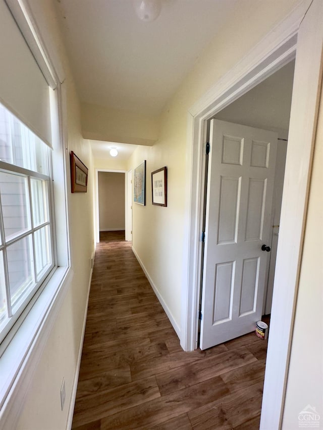 hall featuring baseboards and dark wood-style flooring