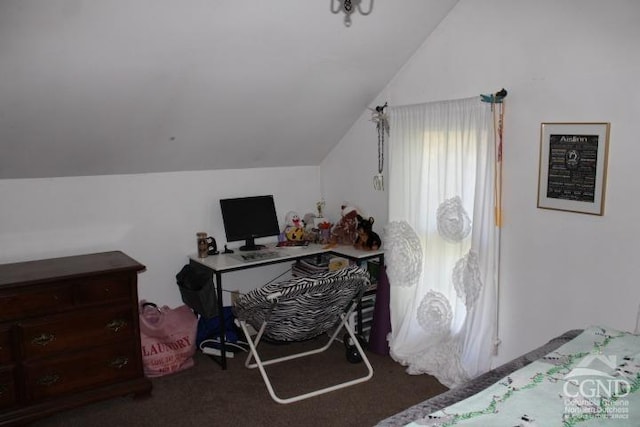 bedroom with carpet flooring and vaulted ceiling