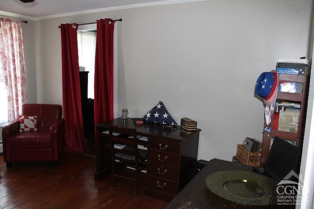 interior space with dark hardwood / wood-style floors, multiple windows, and ornamental molding