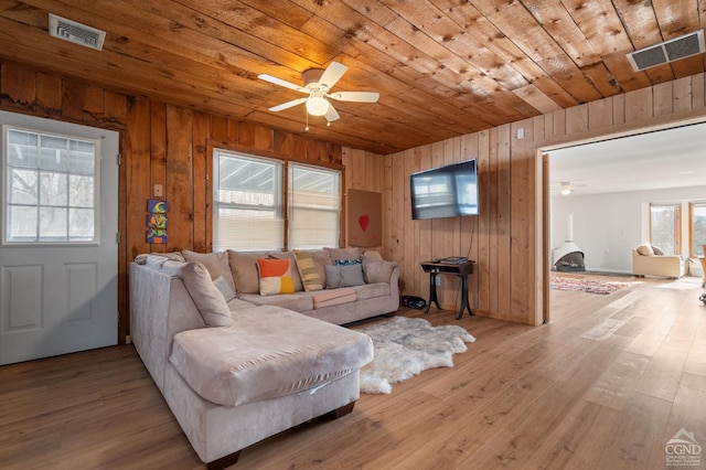 living area with wooden ceiling, wooden walls, a ceiling fan, and visible vents