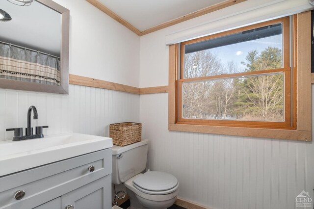 full bathroom with toilet, crown molding, wood walls, and vanity