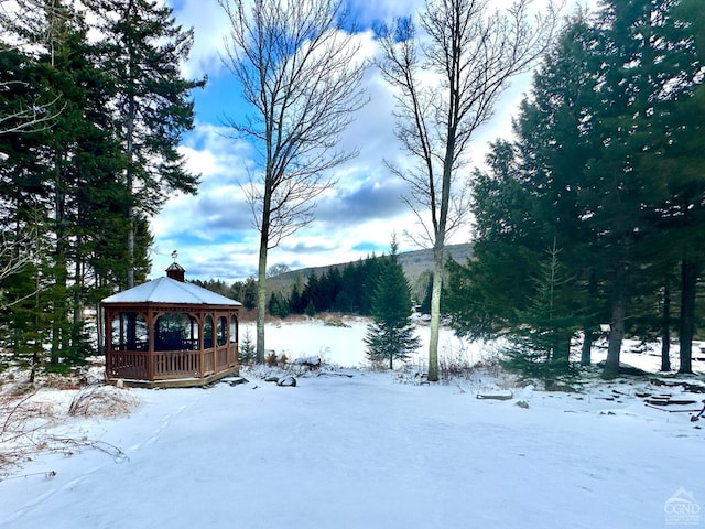 yard covered in snow featuring a gazebo