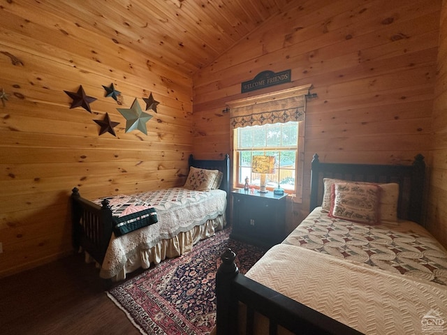 bedroom with wood walls, wooden ceiling, and lofted ceiling