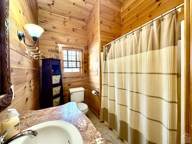 bathroom featuring toilet, sink, and wooden walls