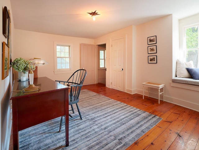 home office with hardwood / wood-style flooring