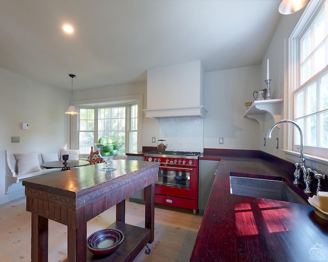 kitchen with light hardwood / wood-style floors, custom range hood, sink, and stainless steel range