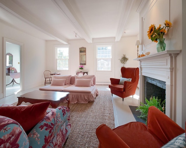 living room featuring a fireplace, beam ceiling, baseboard heating, and light tile patterned flooring