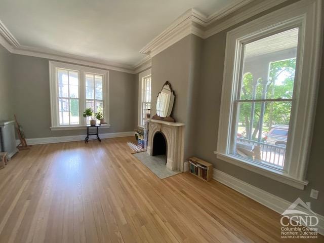 unfurnished living room with light wood-type flooring, plenty of natural light, and ornamental molding