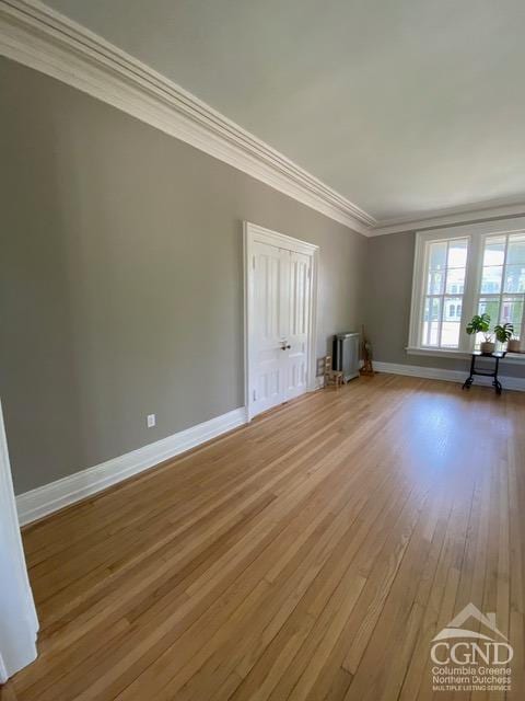 spare room featuring light hardwood / wood-style flooring and ornamental molding