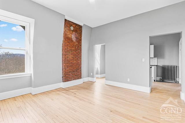 spare room featuring light hardwood / wood-style floors, brick wall, and radiator