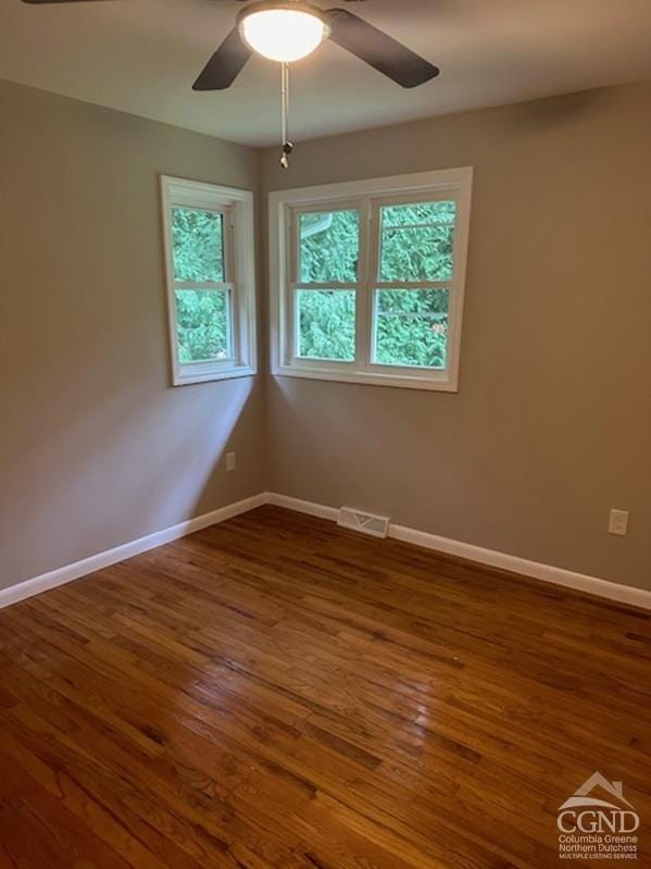 empty room with a wealth of natural light, ceiling fan, and dark hardwood / wood-style floors