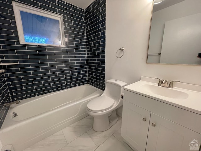 full bath with marble finish floor, tub / shower combination, vanity, and toilet