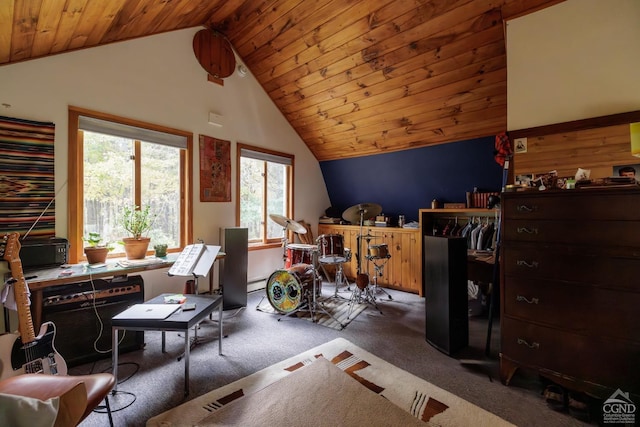 interior space with carpet flooring, vaulted ceiling, a baseboard heating unit, and wood ceiling