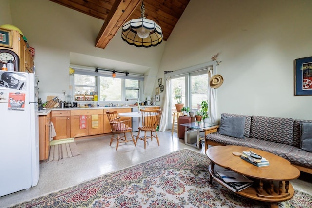 living room with beam ceiling, high vaulted ceiling, plenty of natural light, and wood ceiling