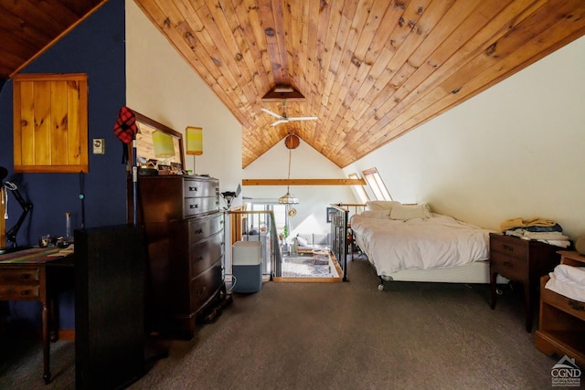 carpeted bedroom with wooden ceiling and lofted ceiling