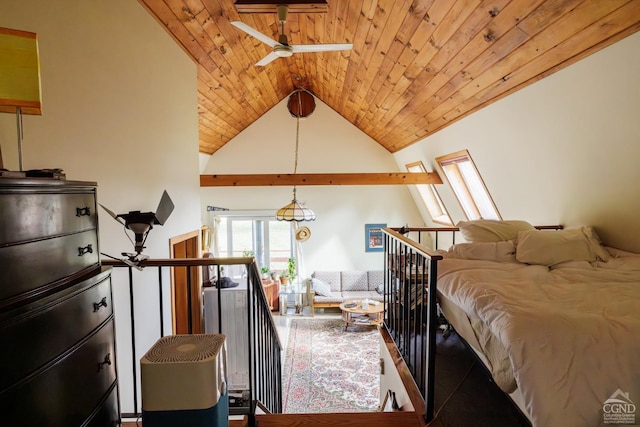 bedroom featuring wooden ceiling, high vaulted ceiling, and a skylight