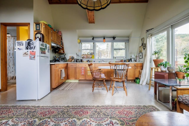 kitchen featuring white refrigerator and high vaulted ceiling