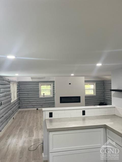 interior space featuring white cabinetry, light hardwood / wood-style flooring, and a healthy amount of sunlight