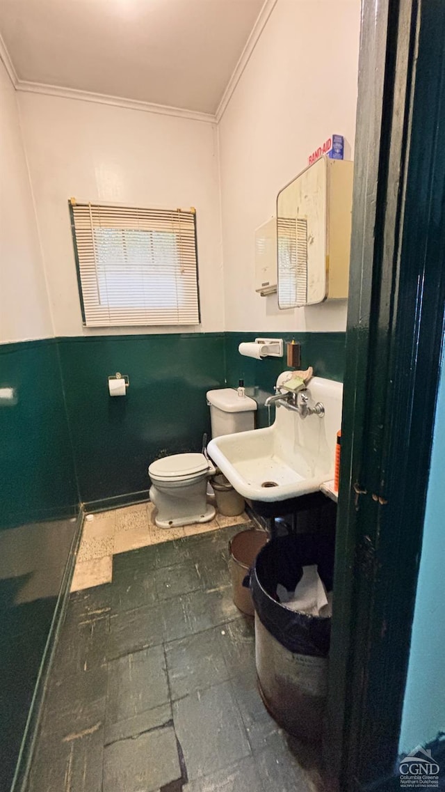 bathroom with crown molding, sink, and toilet