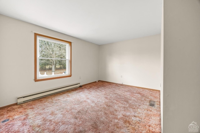 spare room with carpet, visible vents, baseboard heating, and baseboards