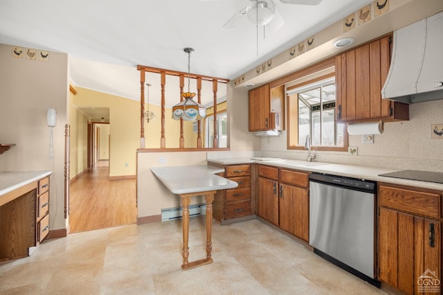 kitchen featuring black electric cooktop, stainless steel dishwasher, brown cabinetry, a baseboard radiator, and custom exhaust hood