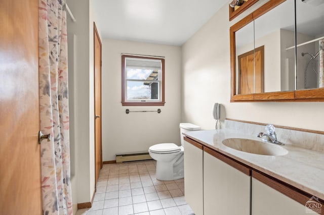 full bathroom with tile patterned floors, toilet, a shower with shower curtain, baseboard heating, and vanity