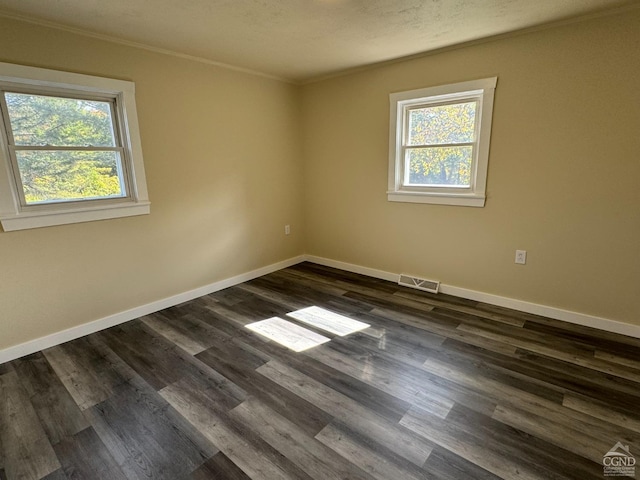 unfurnished room with a textured ceiling, dark hardwood / wood-style flooring, crown molding, and a wealth of natural light