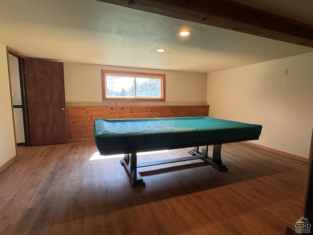 game room with hardwood / wood-style flooring and pool table