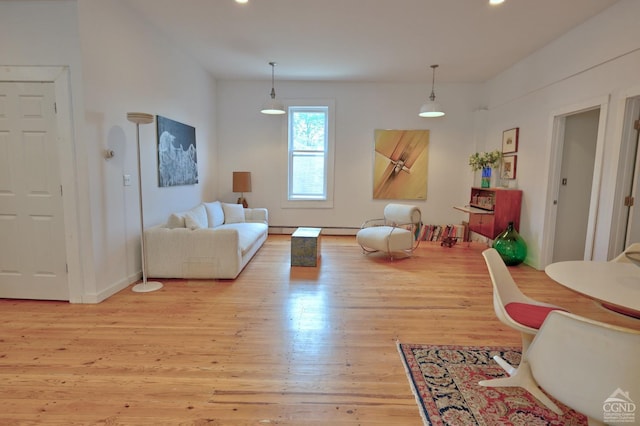 living room with light hardwood / wood-style floors and a baseboard radiator