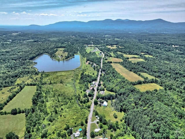 bird's eye view with a water and mountain view