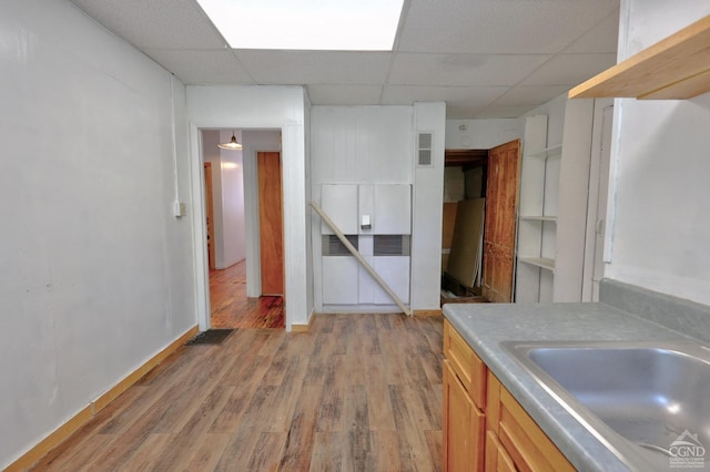 kitchen featuring a paneled ceiling, sink, and light hardwood / wood-style floors