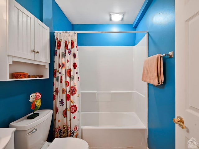 bathroom with toilet and shower / bathtub combination with curtain