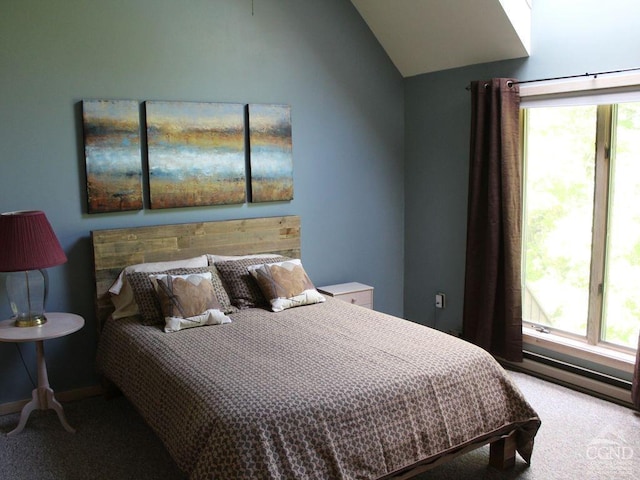 carpeted bedroom with vaulted ceiling and multiple windows