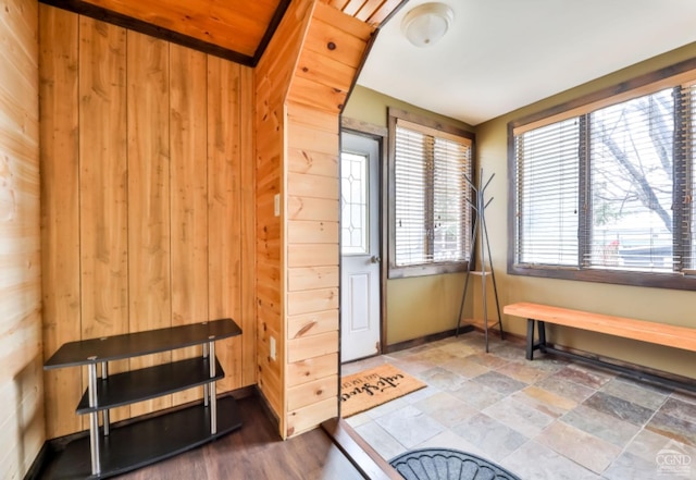 interior space featuring a wealth of natural light and wooden walls