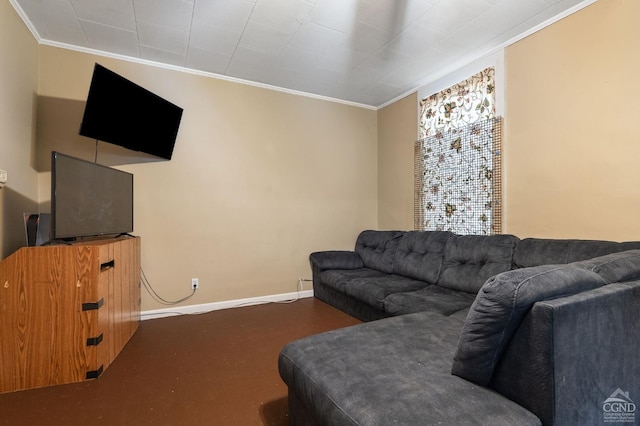 living room featuring crown molding