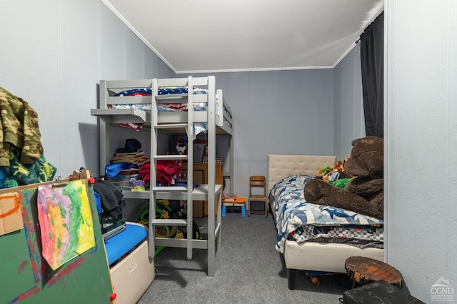 bedroom featuring carpet floors and ornamental molding