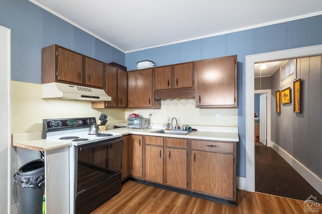 kitchen featuring sink, white electric range oven, dark hardwood / wood-style floors, and ornamental molding