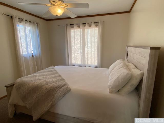 bedroom with multiple windows, ceiling fan, and crown molding