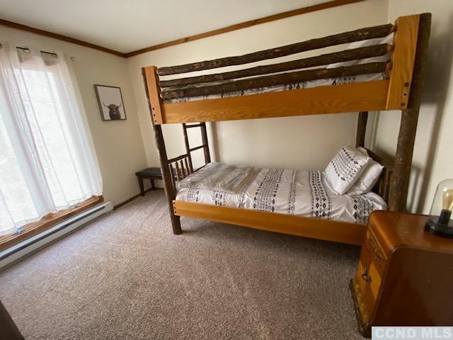 carpeted bedroom featuring baseboard heating, multiple windows, and crown molding