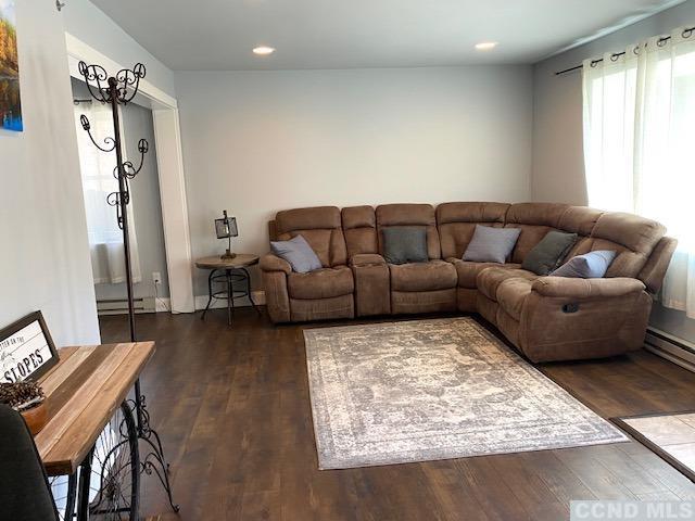 living room with dark wood-type flooring and a baseboard radiator