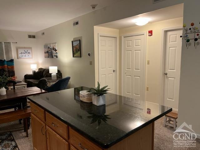 kitchen featuring light carpet