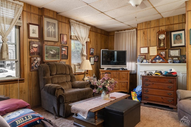 living room featuring a paneled ceiling, a healthy amount of sunlight, wooden walls, and light colored carpet