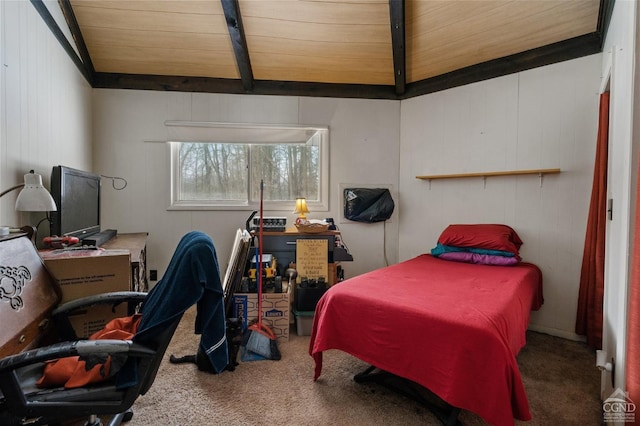 carpeted bedroom featuring wooden ceiling and vaulted ceiling with beams