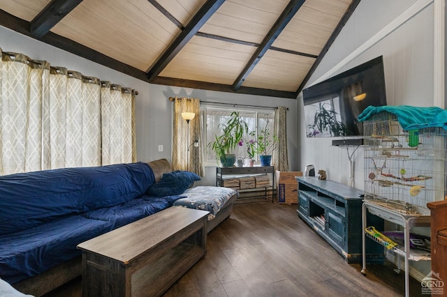 living room featuring vaulted ceiling with beams, wooden ceiling, and dark hardwood / wood-style floors