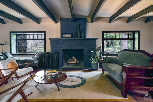 living room featuring beam ceiling