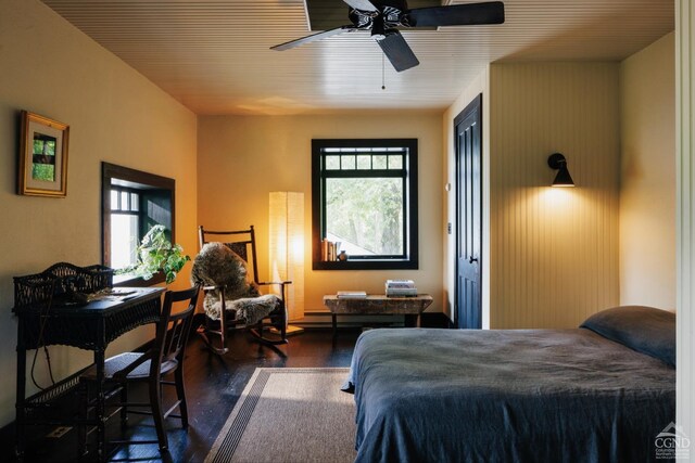 bedroom with a closet, multiple windows, dark wood-type flooring, and ceiling fan