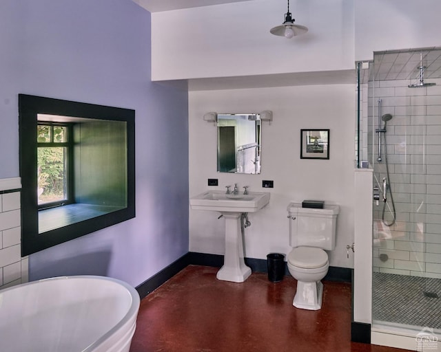 bathroom with separate shower and tub, concrete flooring, and toilet