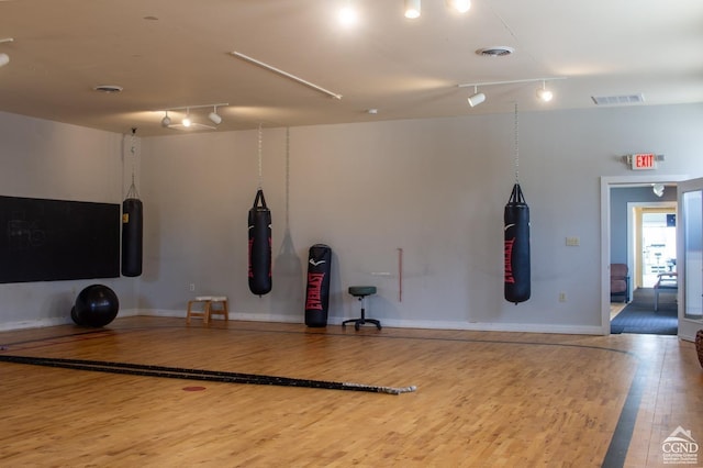 exercise area featuring hardwood / wood-style floors and rail lighting