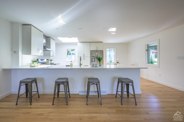 kitchen featuring stainless steel appliances, kitchen peninsula, a kitchen bar, white cabinets, and light wood-type flooring