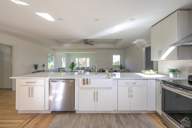 kitchen featuring a healthy amount of sunlight, kitchen peninsula, appliances with stainless steel finishes, and a tray ceiling